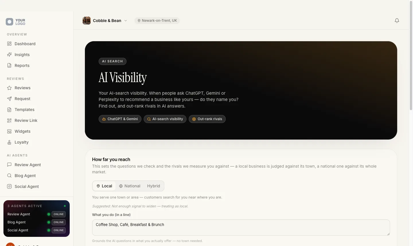 The AI visibility screen, setting whether the business is measured against its town or its whole market, and the one line description that grounds the questions.