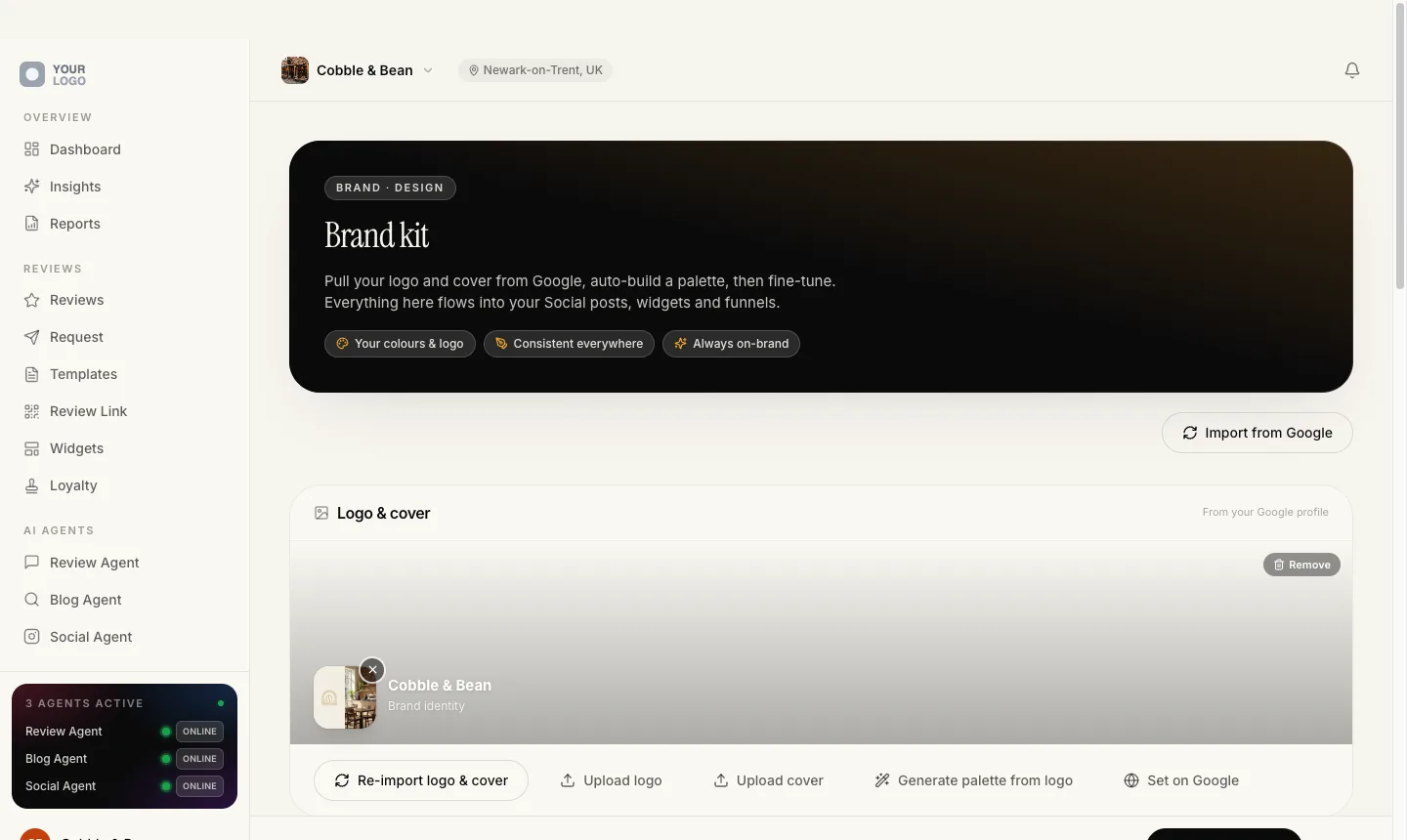 A client’s brand kit screen inside the platform, with the agency logo shown as a grey YOUR LOGO placeholder at the top of the sidebar and the three AI agents listed beneath it