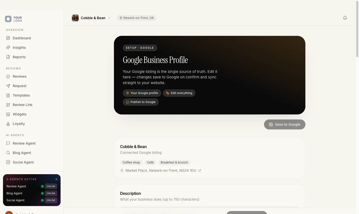 The Google Business Profile editor, showing the connected listing with its categories and address above the description field.