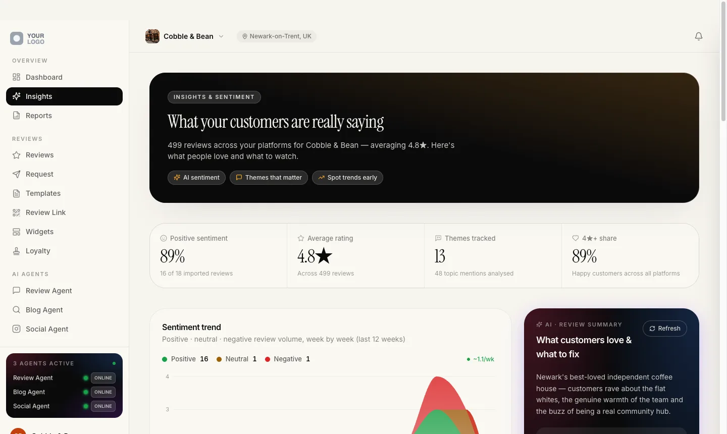 The insights screen, showing positive sentiment, average rating, themes tracked and a week by week sentiment trend beside a written summary of what customers love and what to fix.