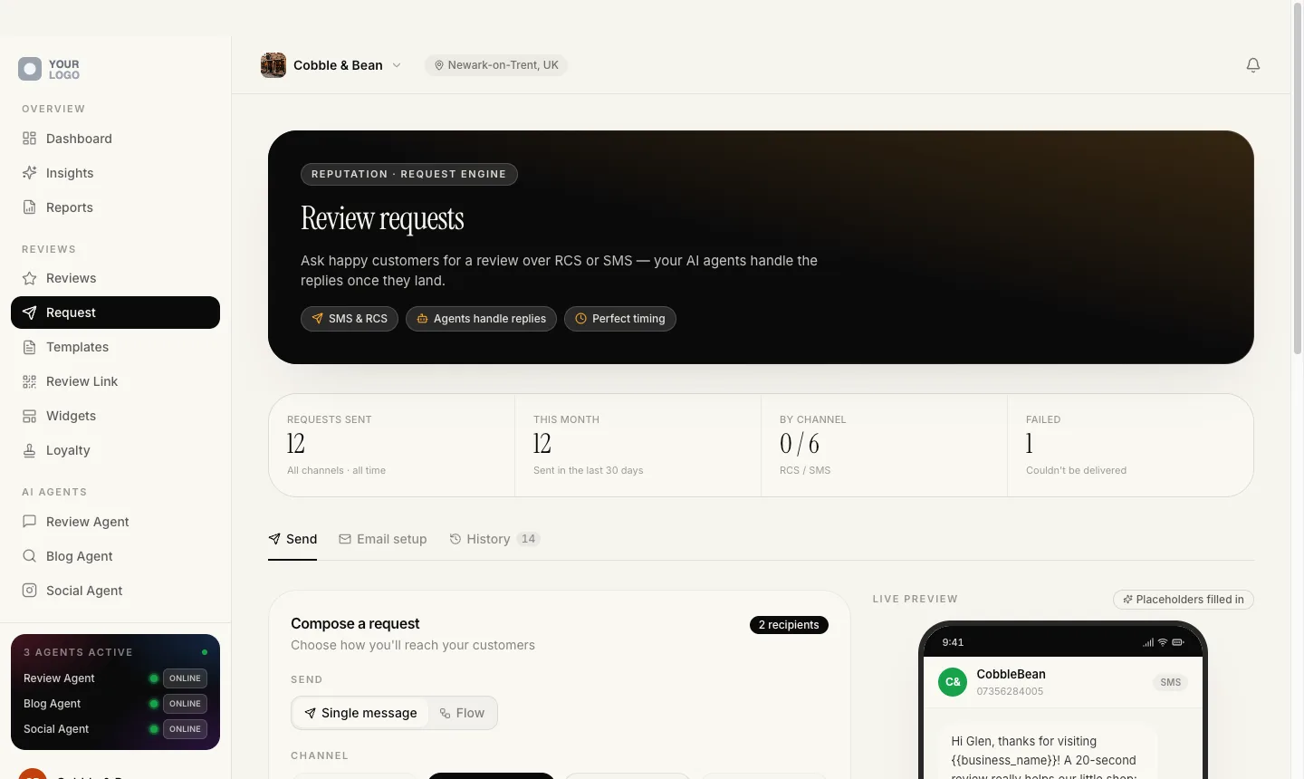 The review request screen: a composer for a single message or a multi step flow, a channel picker, and a live phone preview of the text with the merge tags filled in.