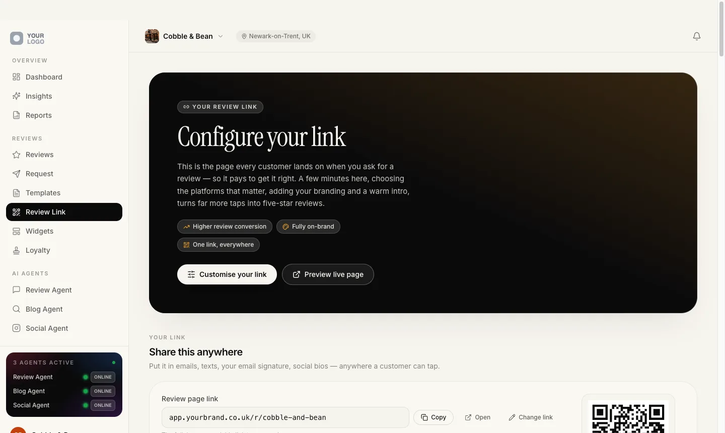 The review link screen: the client’s public review page on their own branded address, with a copy button and a printable QR code.