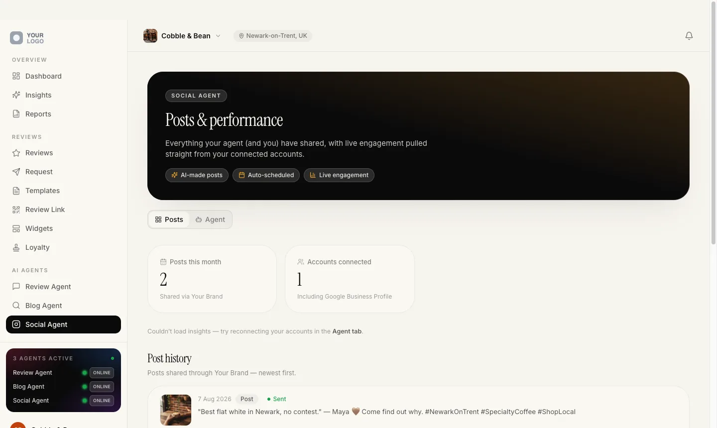 The Social Agent's posts and performance screen, with a five-star review published as a branded post and the post history underneath.