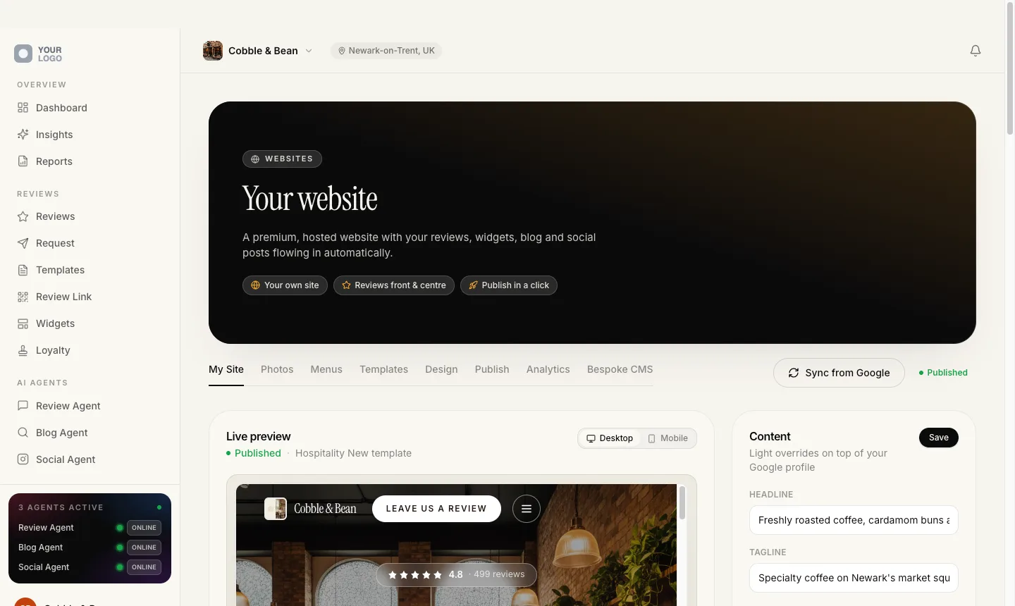 The website builder: a published client site in live preview, beside the panel holding the content overrides on top of their Google profile.