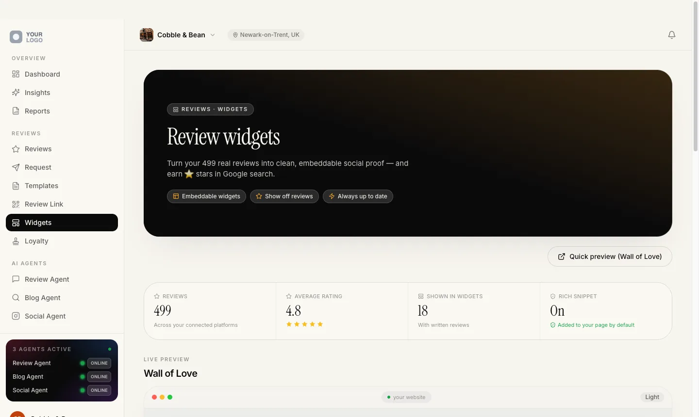 The widgets screen: review count and average rating, and a live preview of a wall of reviews as it will look on the client’s own website.